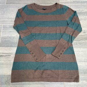 Lilla P Cashmere Blend Stripe Sweater Tunic with Button Sleeves Brown/Teal XS